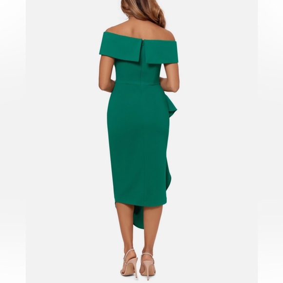 NEW BETSY & ADAM Women Green Asymmetrical Hem Slit Off The Shoulder Sheath Dress - Picture 5 of 9